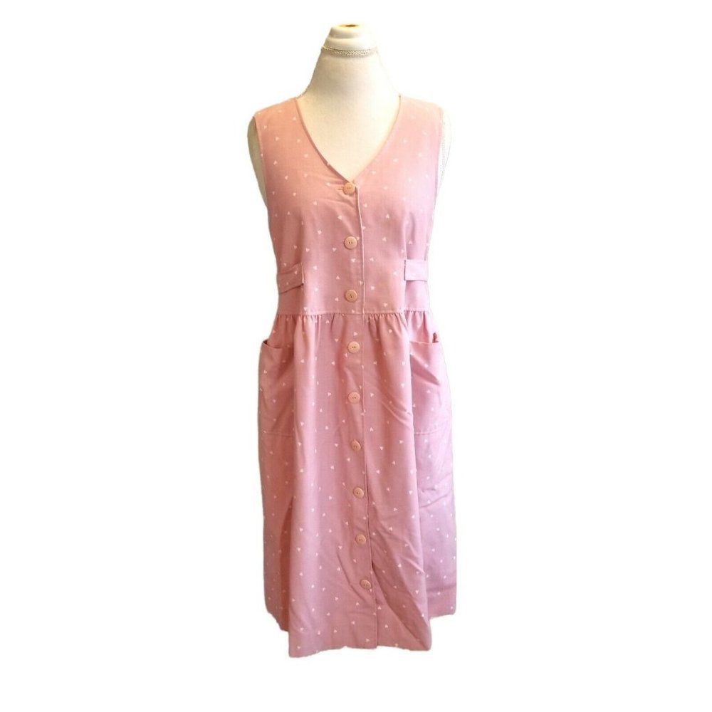 Vintage 90s Pastel Pink Heart Print Casual Shirt Dress‎ Belted Pockets Size M